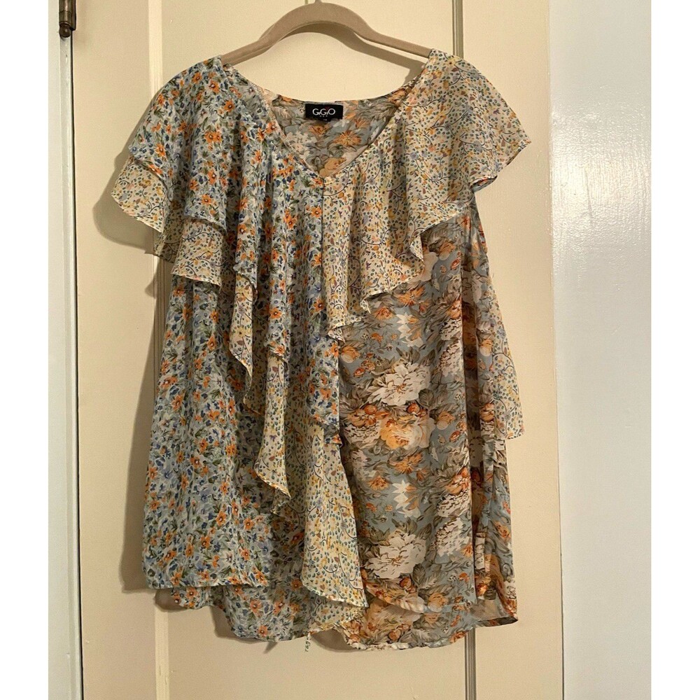 GiGiO USA Women’s Blue Floral Chiffon Ruffle Flutter Sleeve V-Neck Blouse M